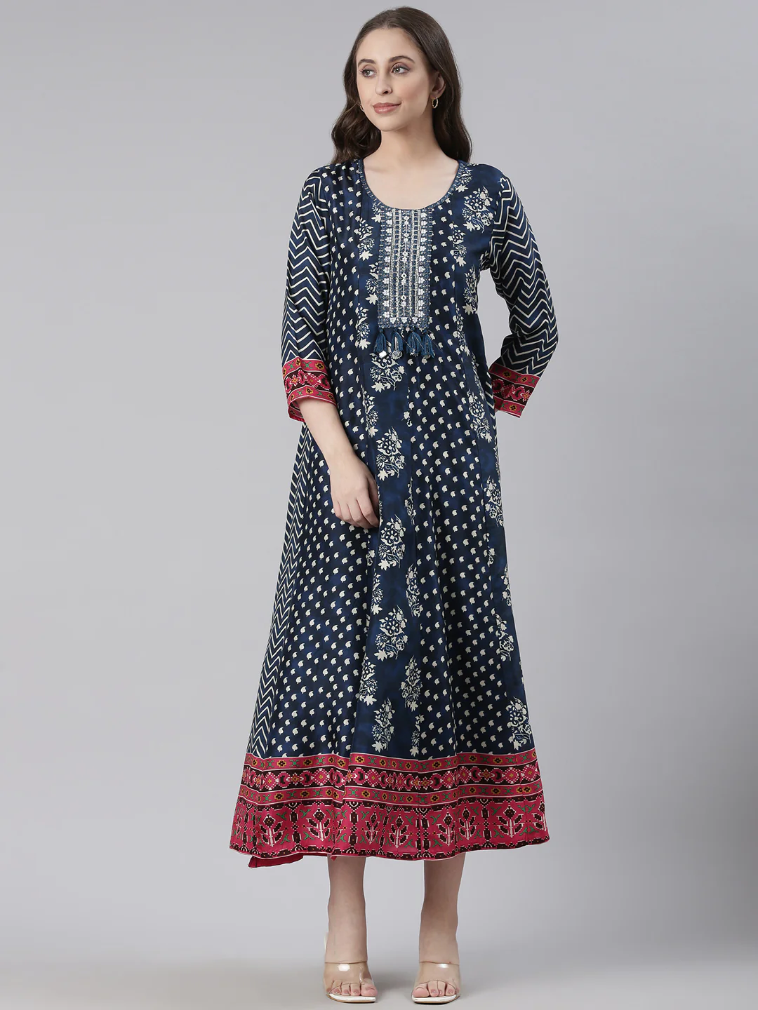 Neerus Blue Casual Floral Maxi Dresses