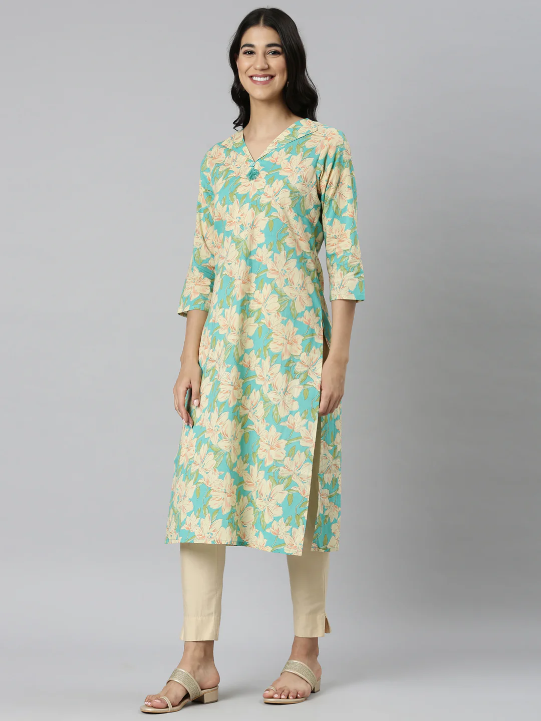 Neerus Blue Casual Floral Straight Kurta - Image 2