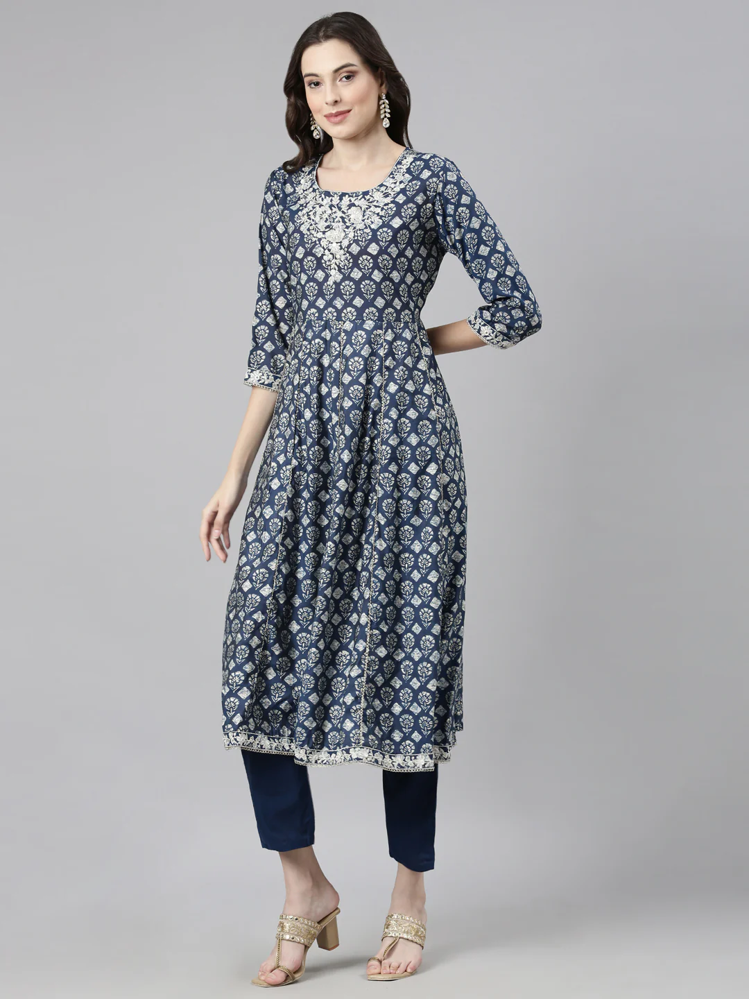 Neerus Blue Casual Quirky Anarkali Kurta and Trousers With Dupatta - Image 2