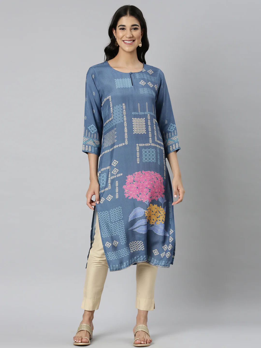 Neerus Blue Casual Quirky Straight Kurta