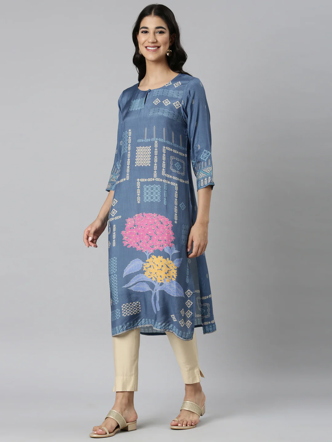 Neerus Blue Casual Quirky Straight Kurta - Image 2