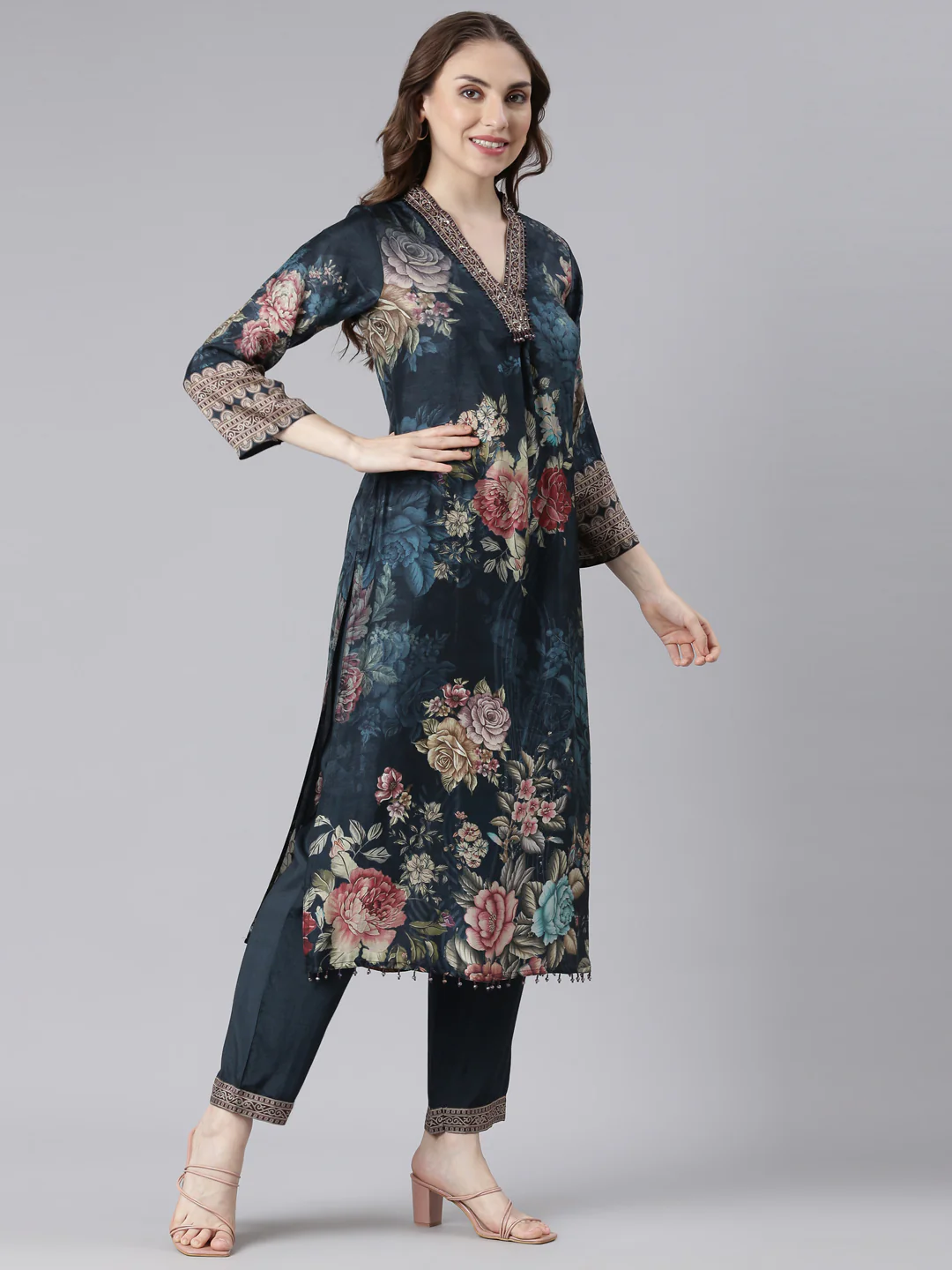 Neerus Blue Chinon Straight Casual Floral Kurta and Trouser with Dupatta - Image 3
