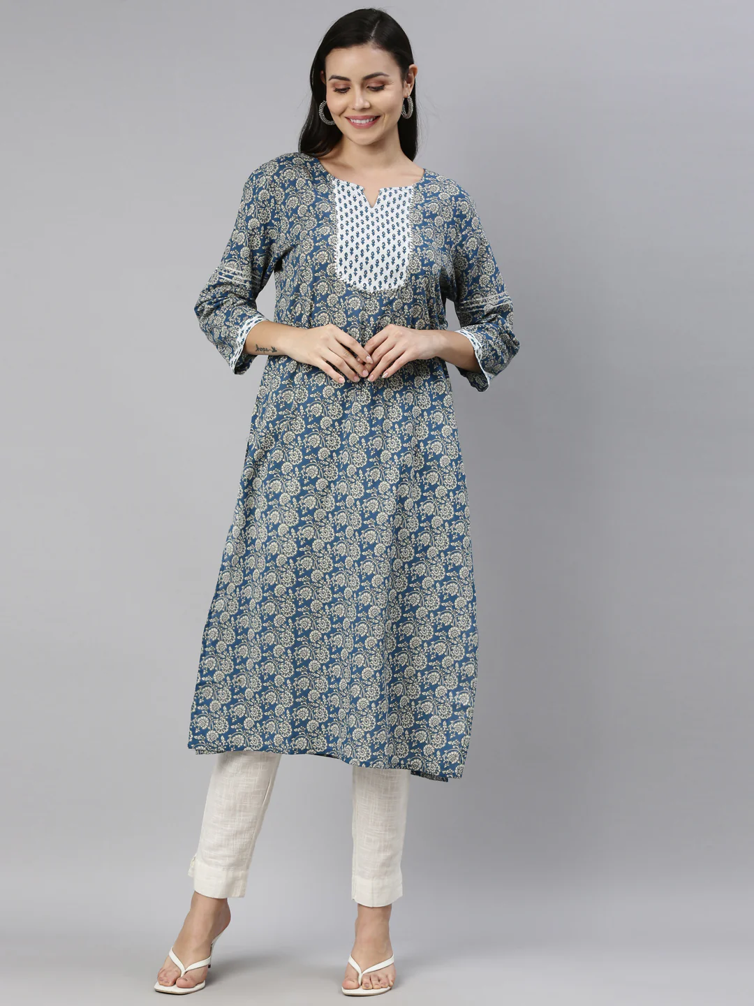 Neerus Blue Color Cotton Fabric Kurta