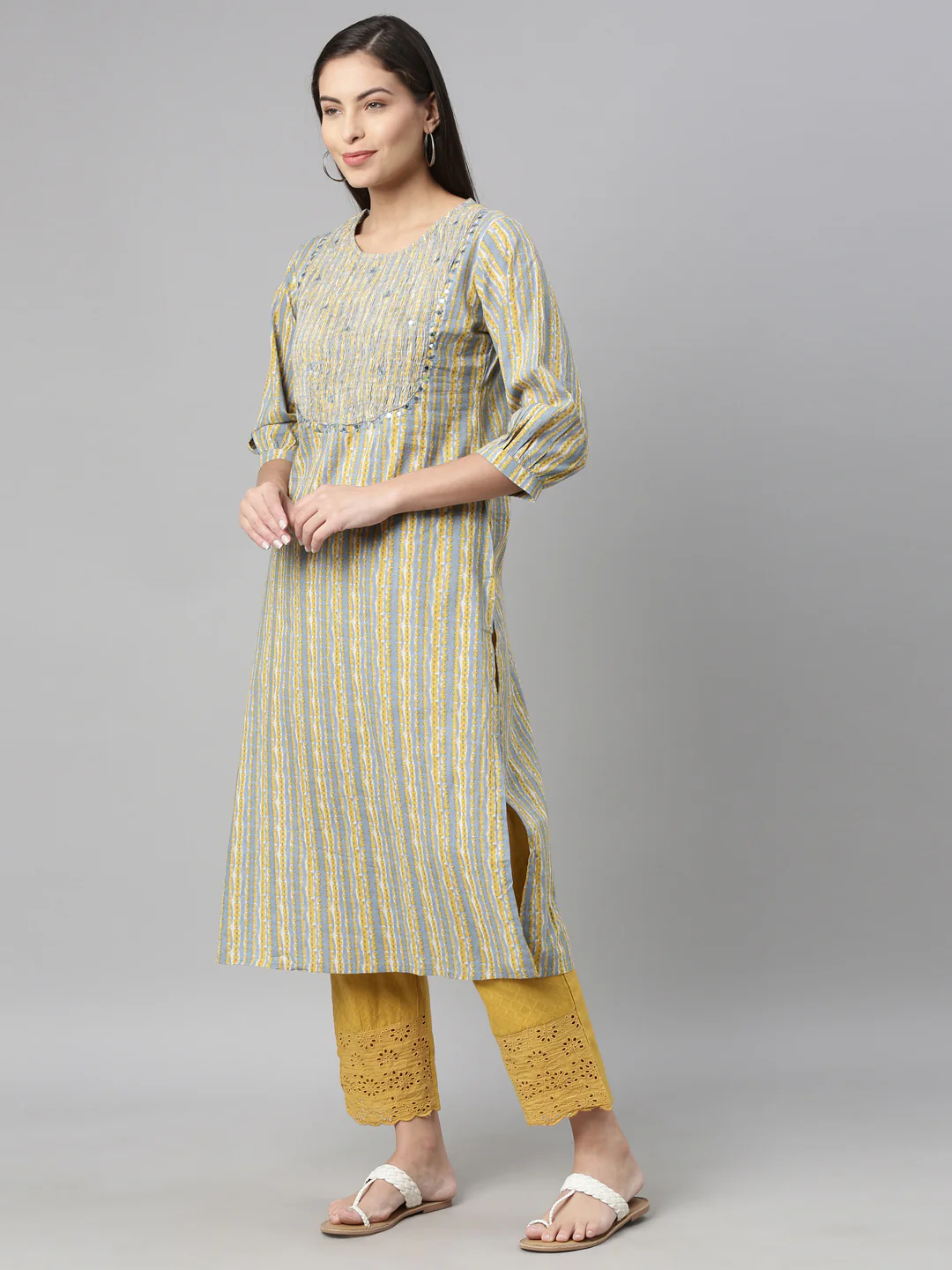 Neerus Blue Color Cotton Fabric Kurta - Image 3