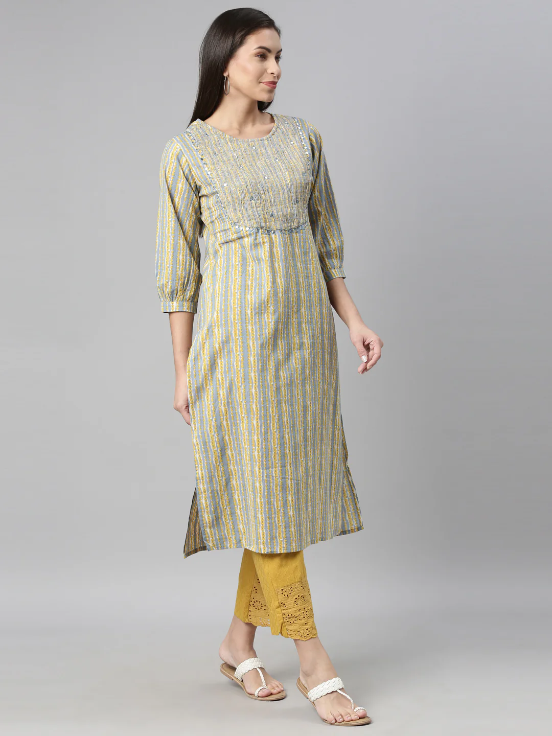 Neerus Blue Color Cotton Fabric Kurta - Image 4
