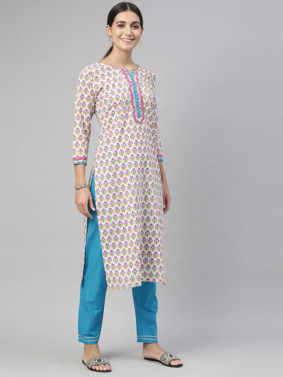 Neerus Blue Color Cotton Fabric Kurta Set - Image 8