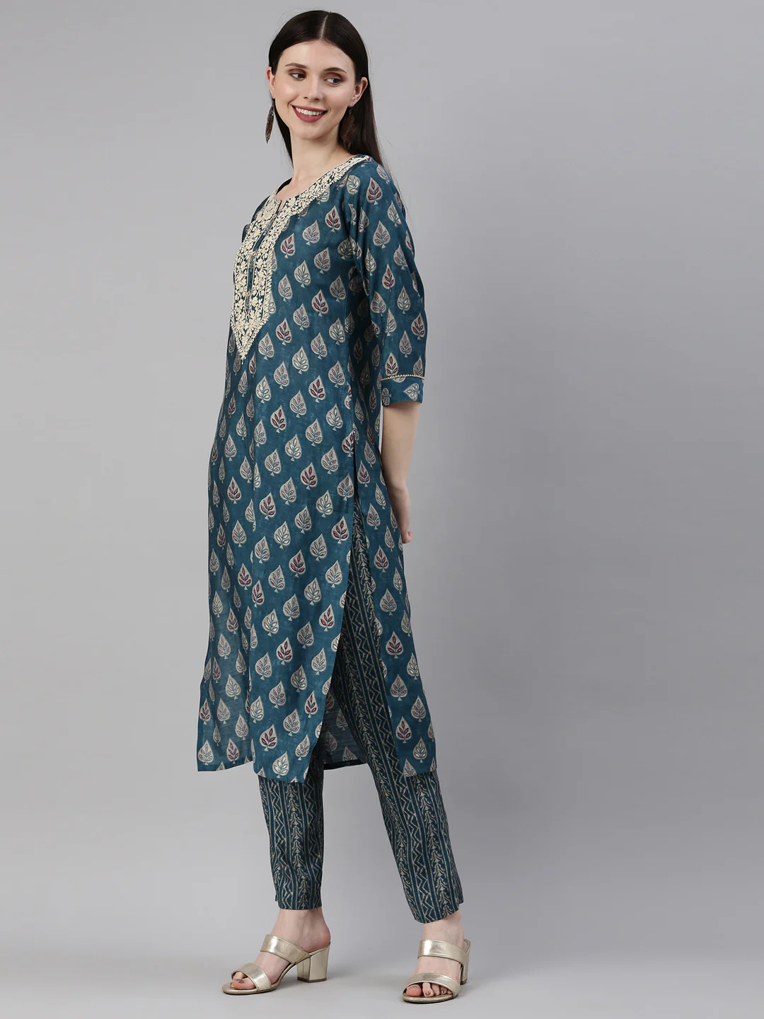 Neerus Blue Color Dupion Silk Fabric Kurta Set - Image 3