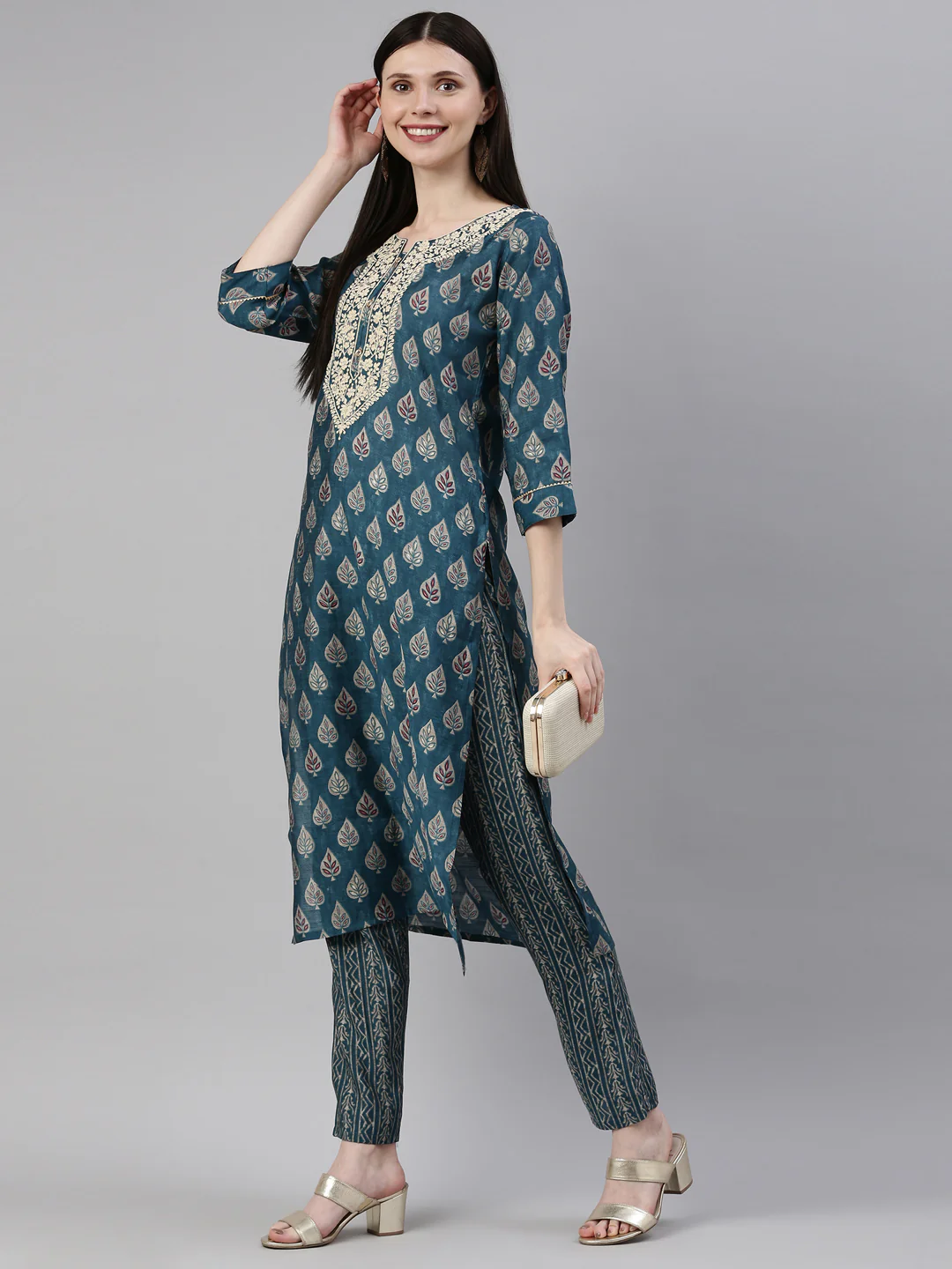 Neerus Blue Color Dupion Silk Fabric Kurta Set - Image 6