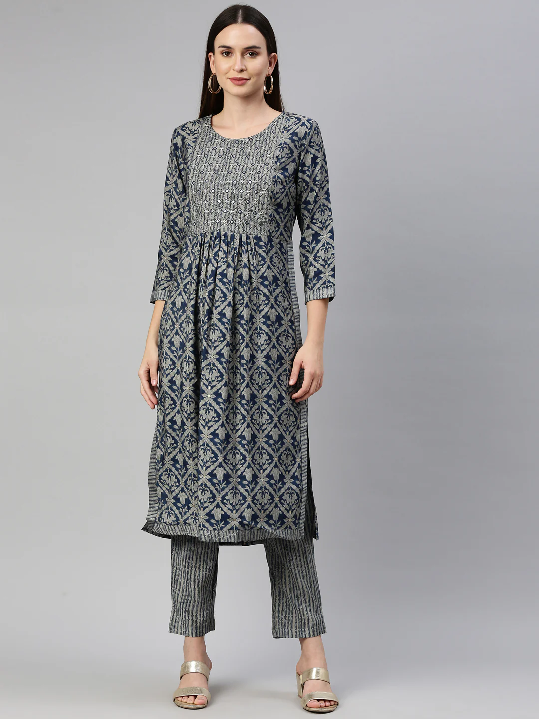 Neerus Blue Color Muslin Fabric Kurta Set - Image 10