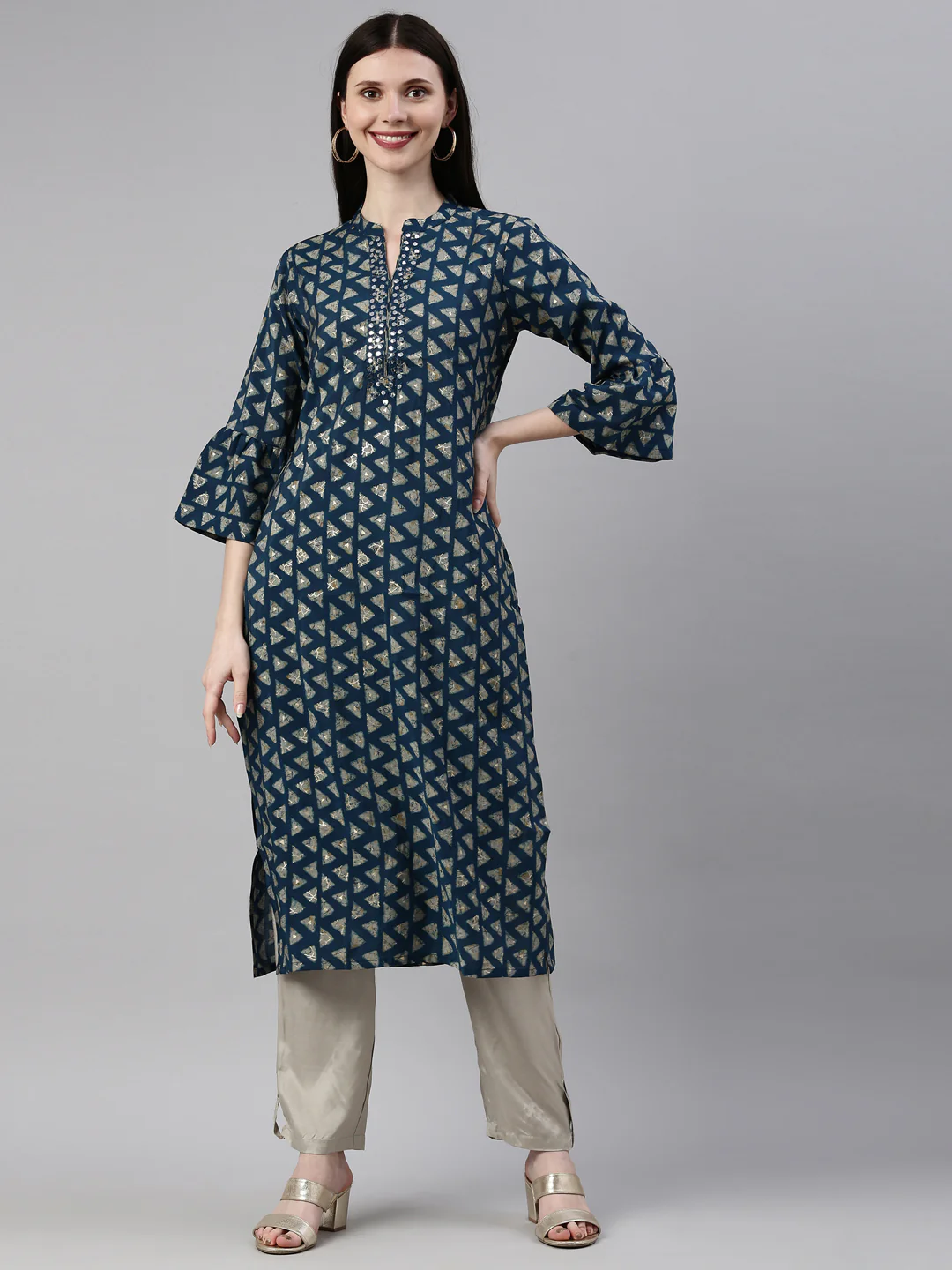 Neerus Blue Color Muslin Fabric Kurta Set - Image 10