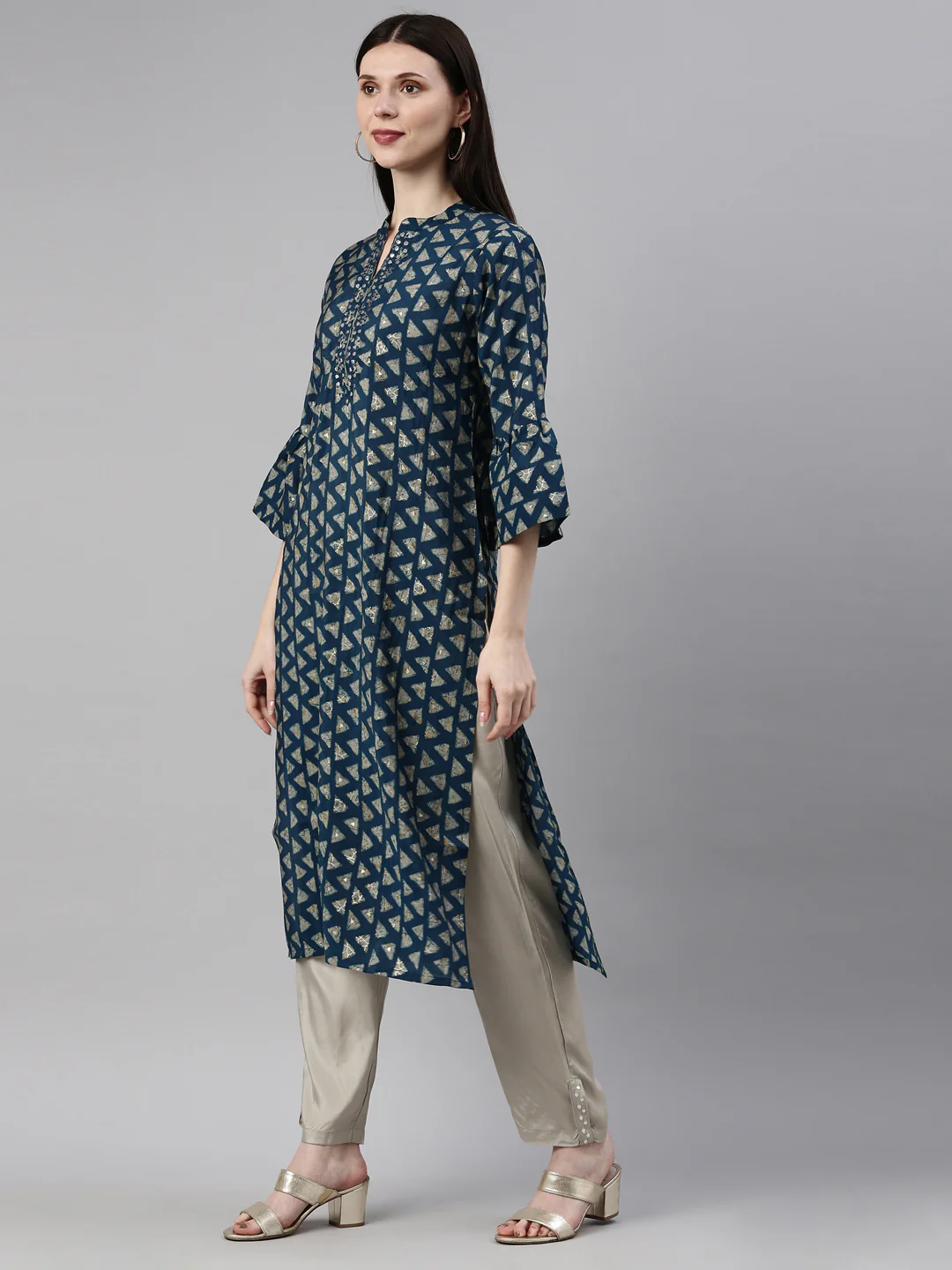 Neerus Blue Color Muslin Fabric Kurta Set - Image 3