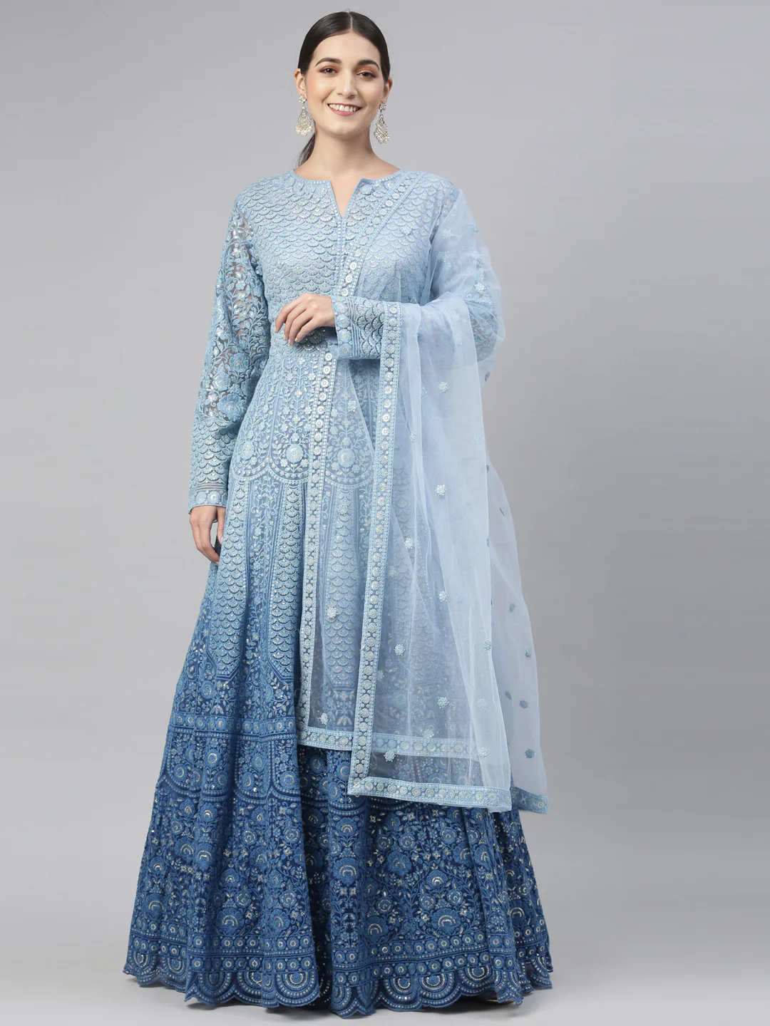 Neerus Blue Color Nett Fabric Gown - Image 40