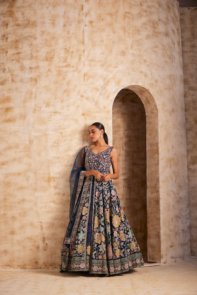 Neerus Blue Color Silk Fabric Embroidered Gown
