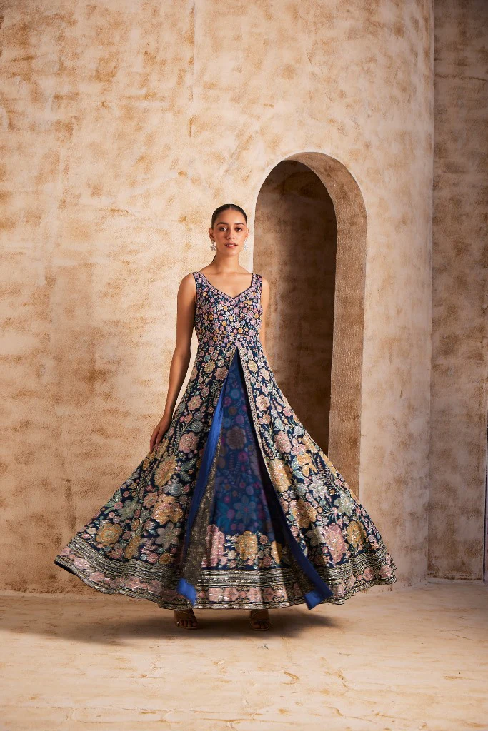 Neerus Blue Color Silk Fabric Embroidered Gown - Image 3