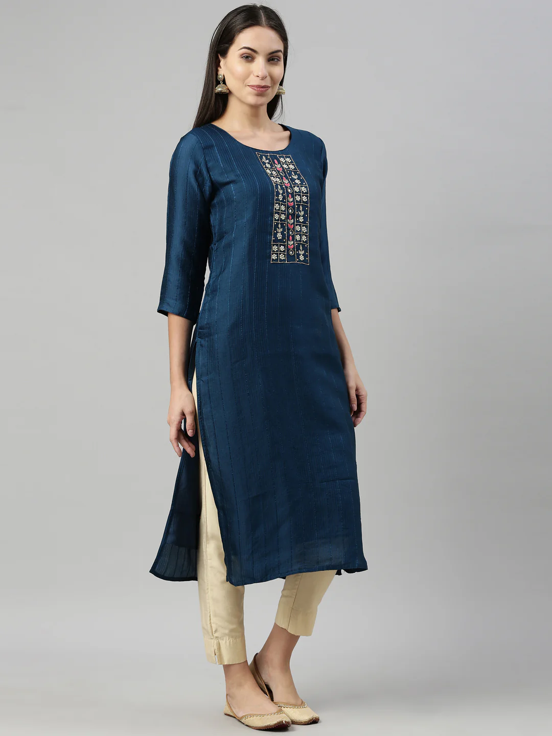 Neerus Blue Color Silk Fabric Kurta - Image 4