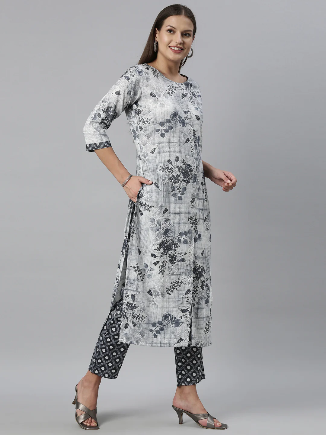 Neerus Blue Color Slub Rayon Fabric Kurta Set - Image 4
