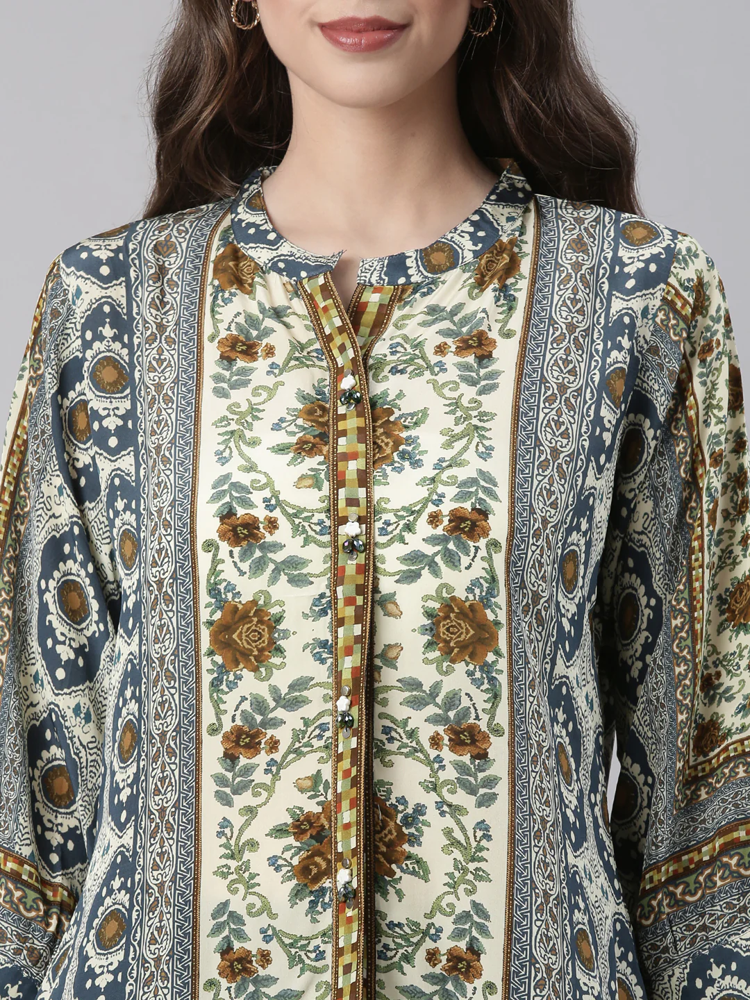 Neerus Blue Curved Floral Casual Kurti - Image 3