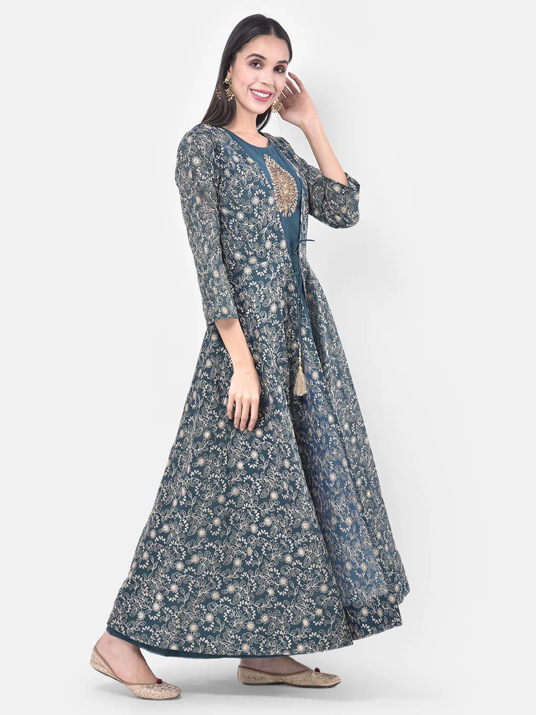 Neerus Blue Embellished Anarkali Kurta With Jacket