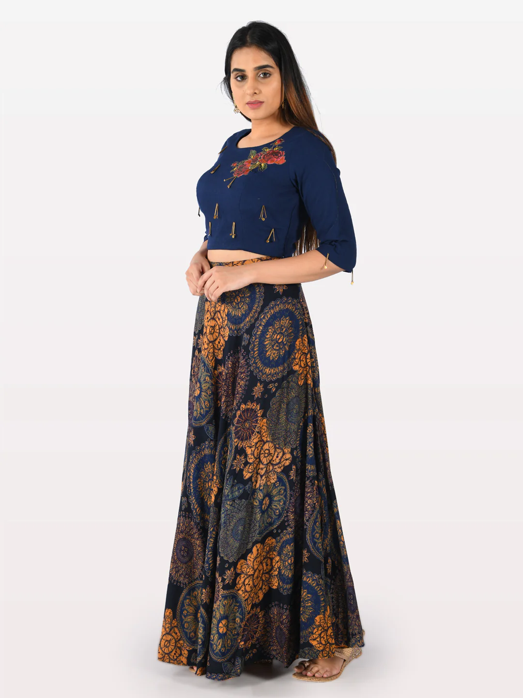 Neerus Blue Embellished Crop Top And Skirt
