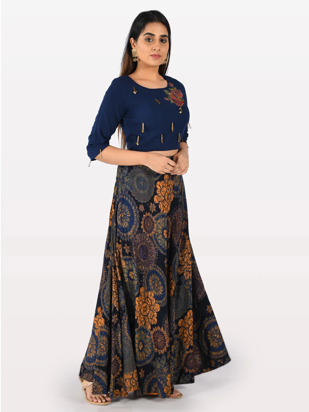 Neerus Blue Embellished Crop Top And Skirt - Image 2