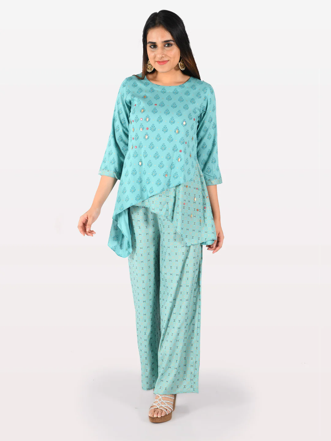 Neerus Blue Embellished High Low Kurti - Image 5