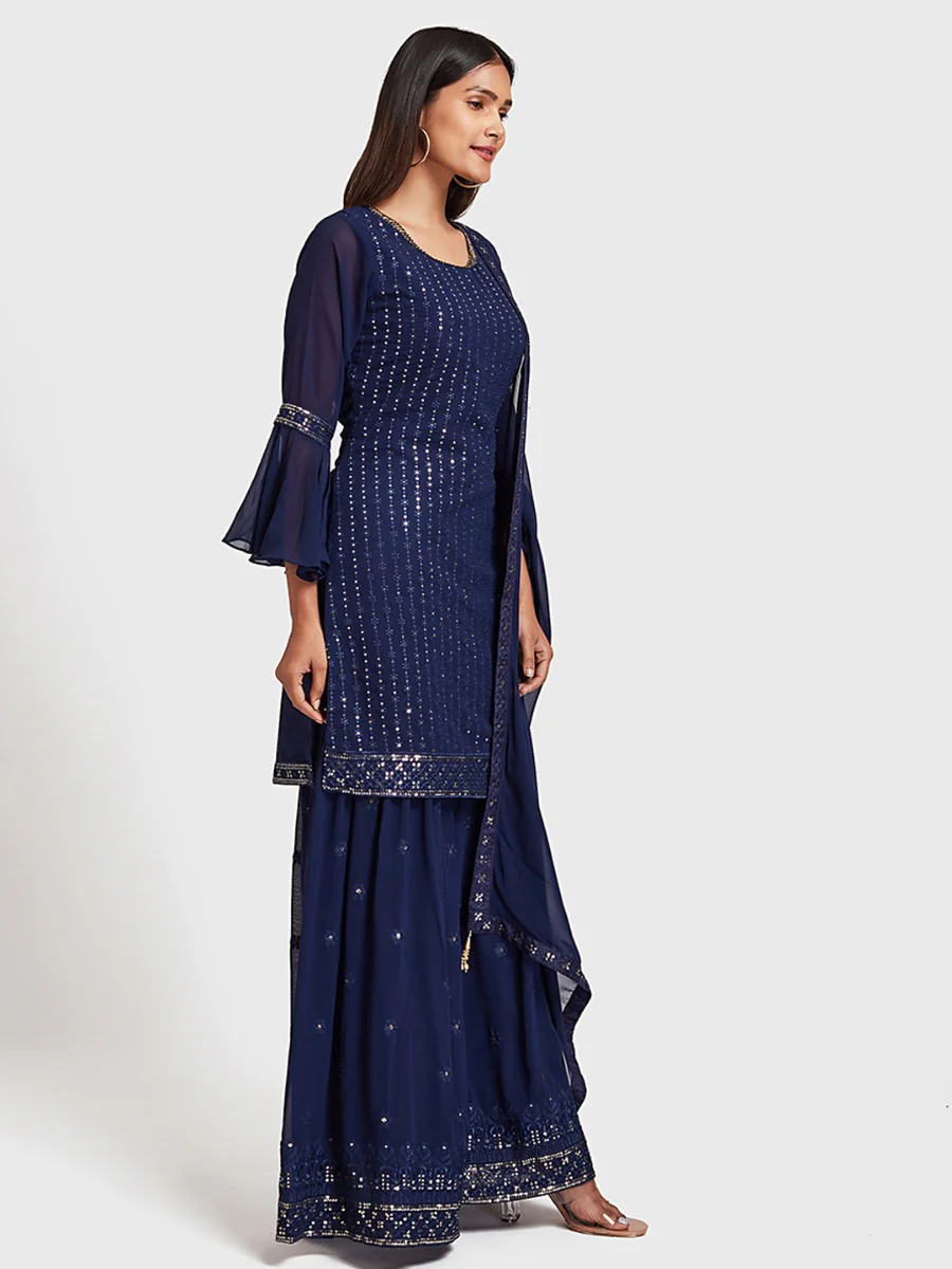 Neerus Blue Embellished Kurta With Palazzo & Dupatta - Image 2