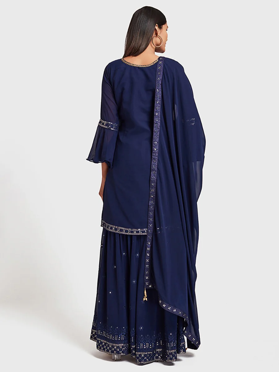 Neerus Blue Embellished Kurta With Palazzo & Dupatta - Image 3