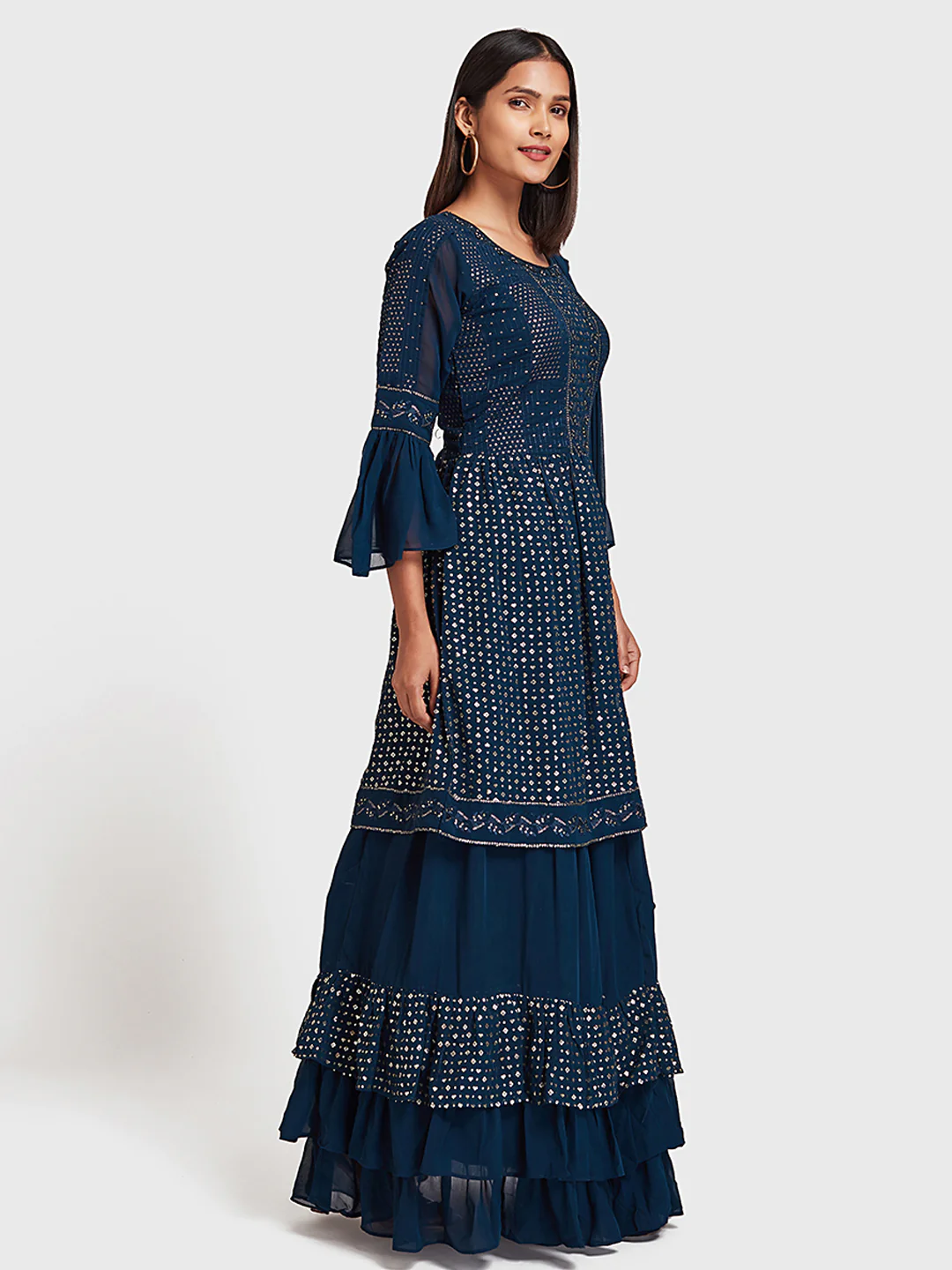 Neerus Blue Embellished Kurta With Skirt & Dupatta - Image 2