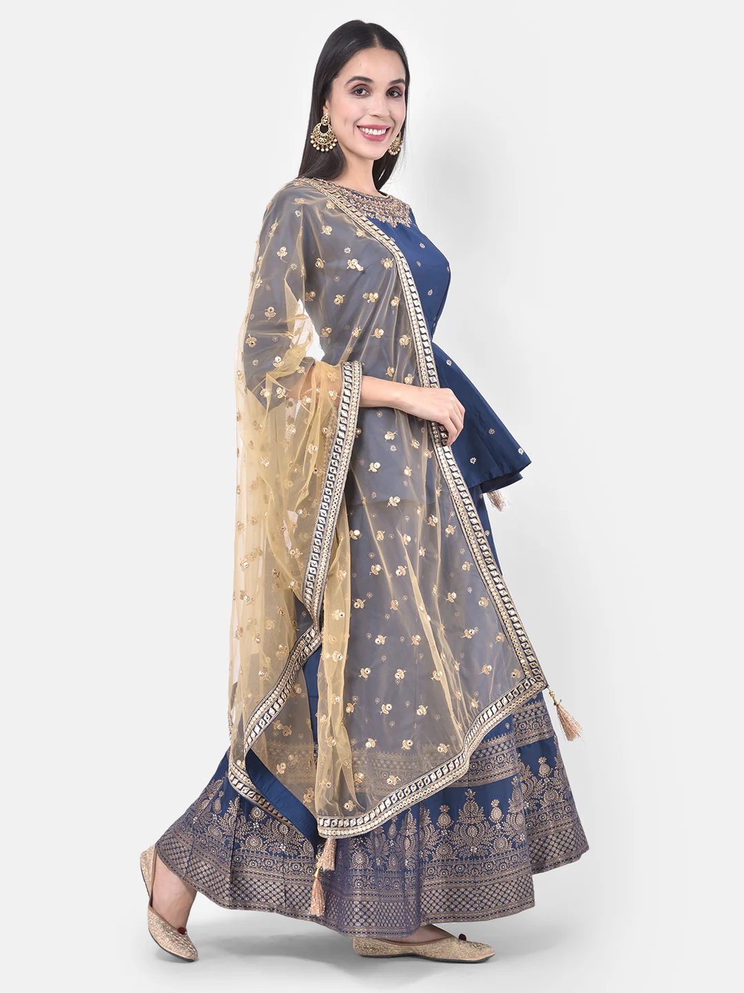 Neerus Blue Embellished Kurti With Skirt & Dupatta