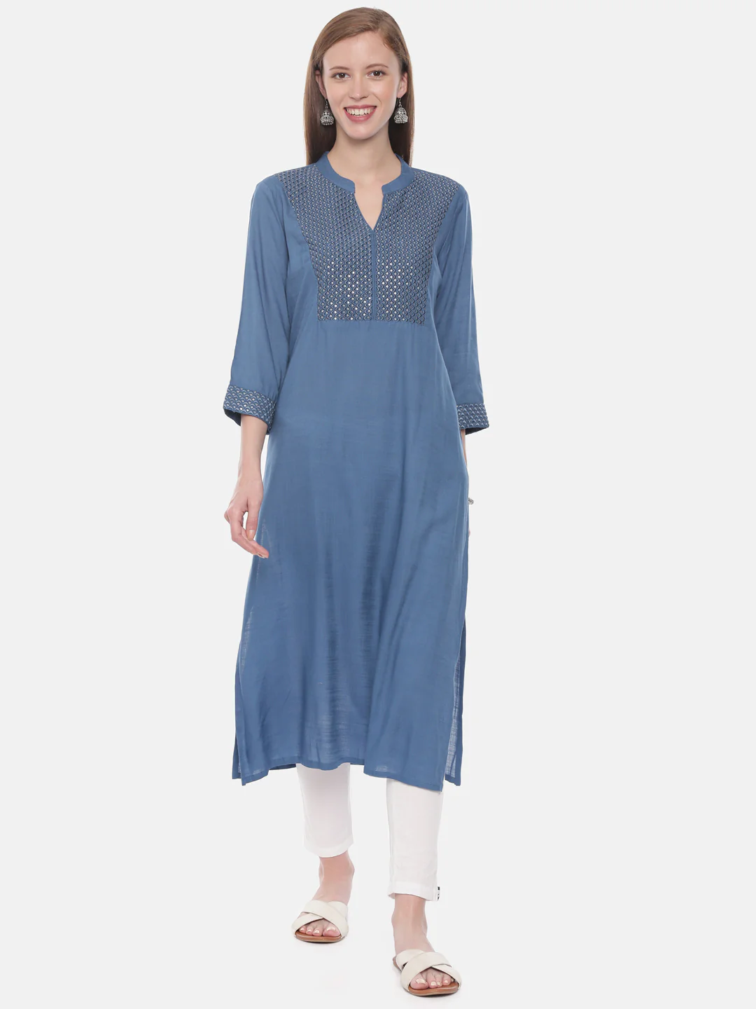 Neerus Blue Embellished Straight Kurta