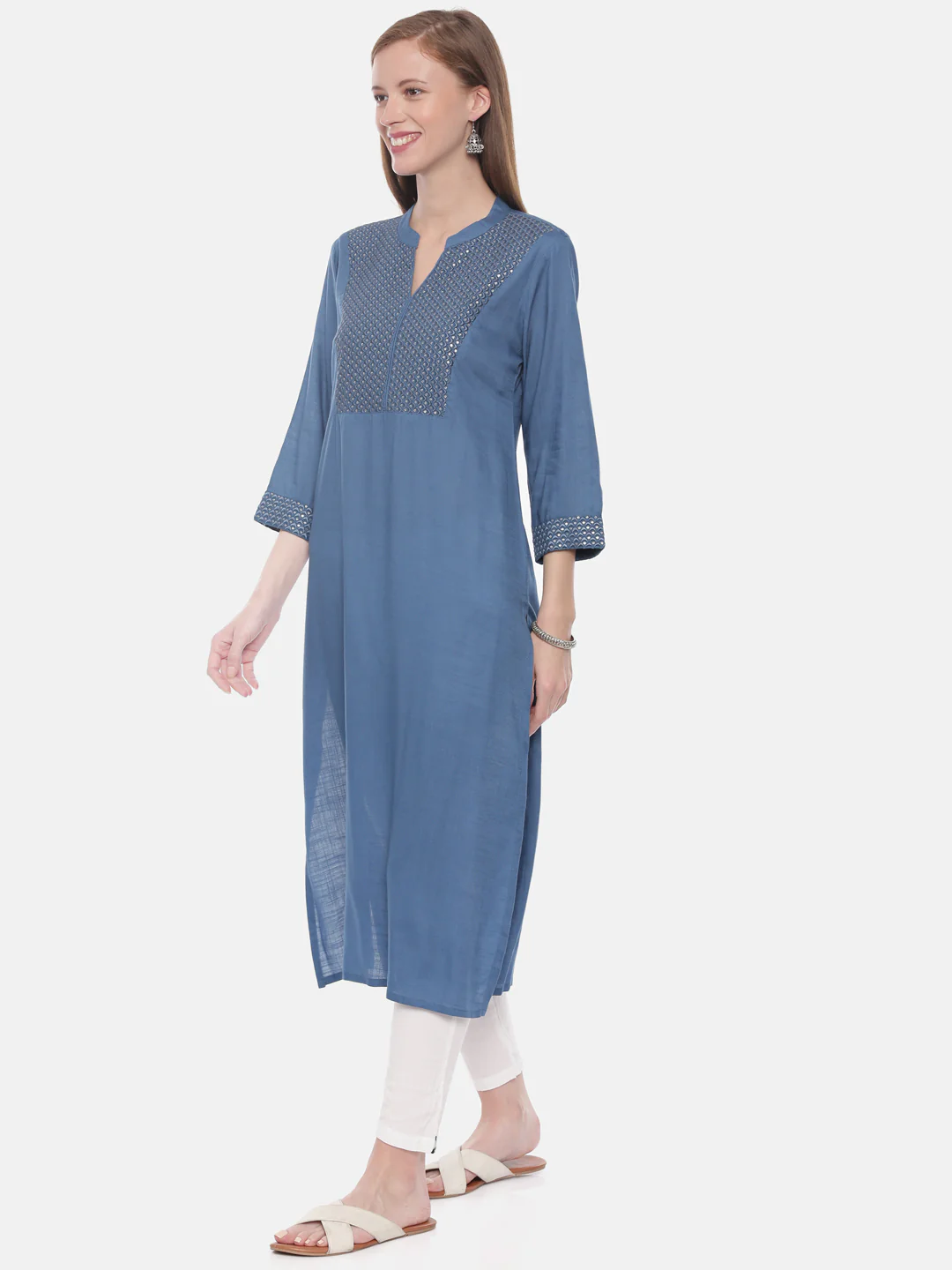 Neerus Blue Embellished Straight Kurta - Image 3