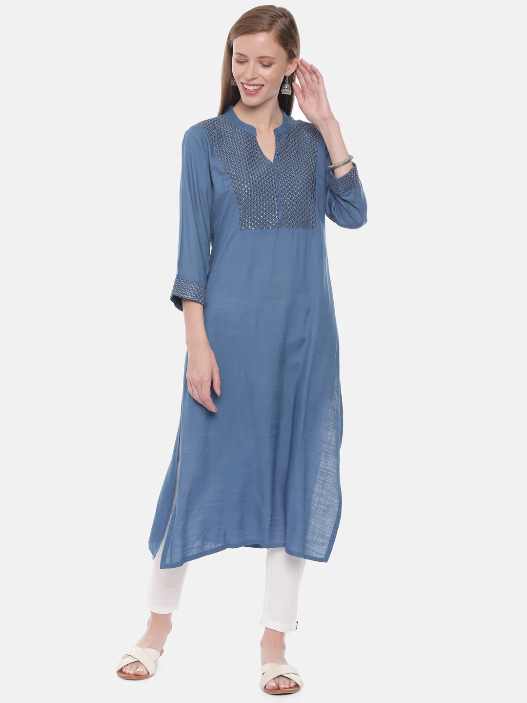 Neerus Blue Embellished Straight Kurta - Image 6