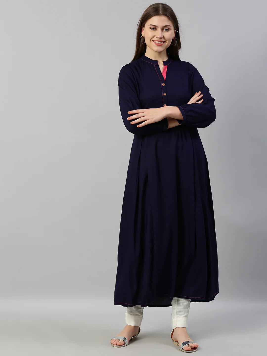 Neerus Blue Embroidered A Line Kurta
