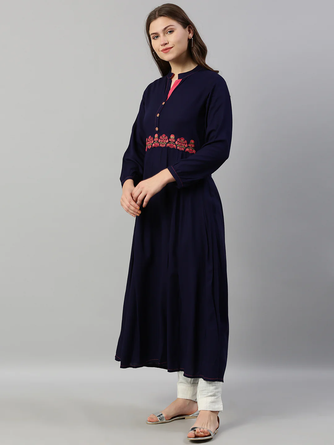 Neerus Blue Embroidered A Line Kurta - Image 4