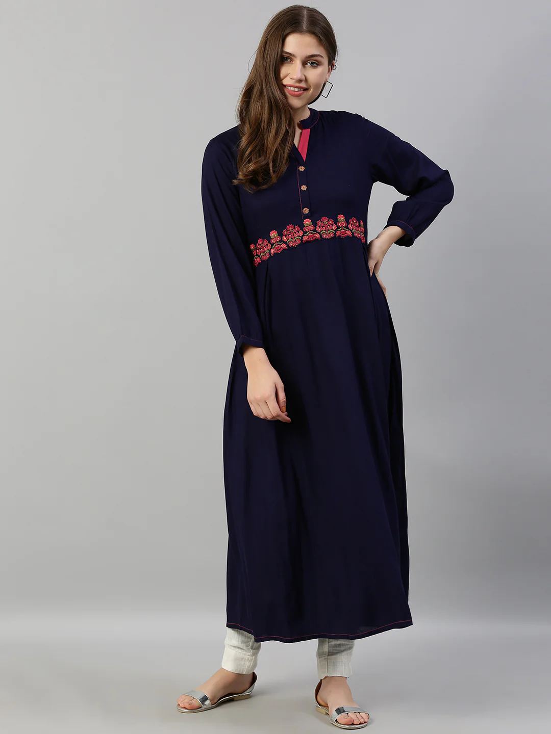 Neerus Blue Embroidered A Line Kurta - Image 6