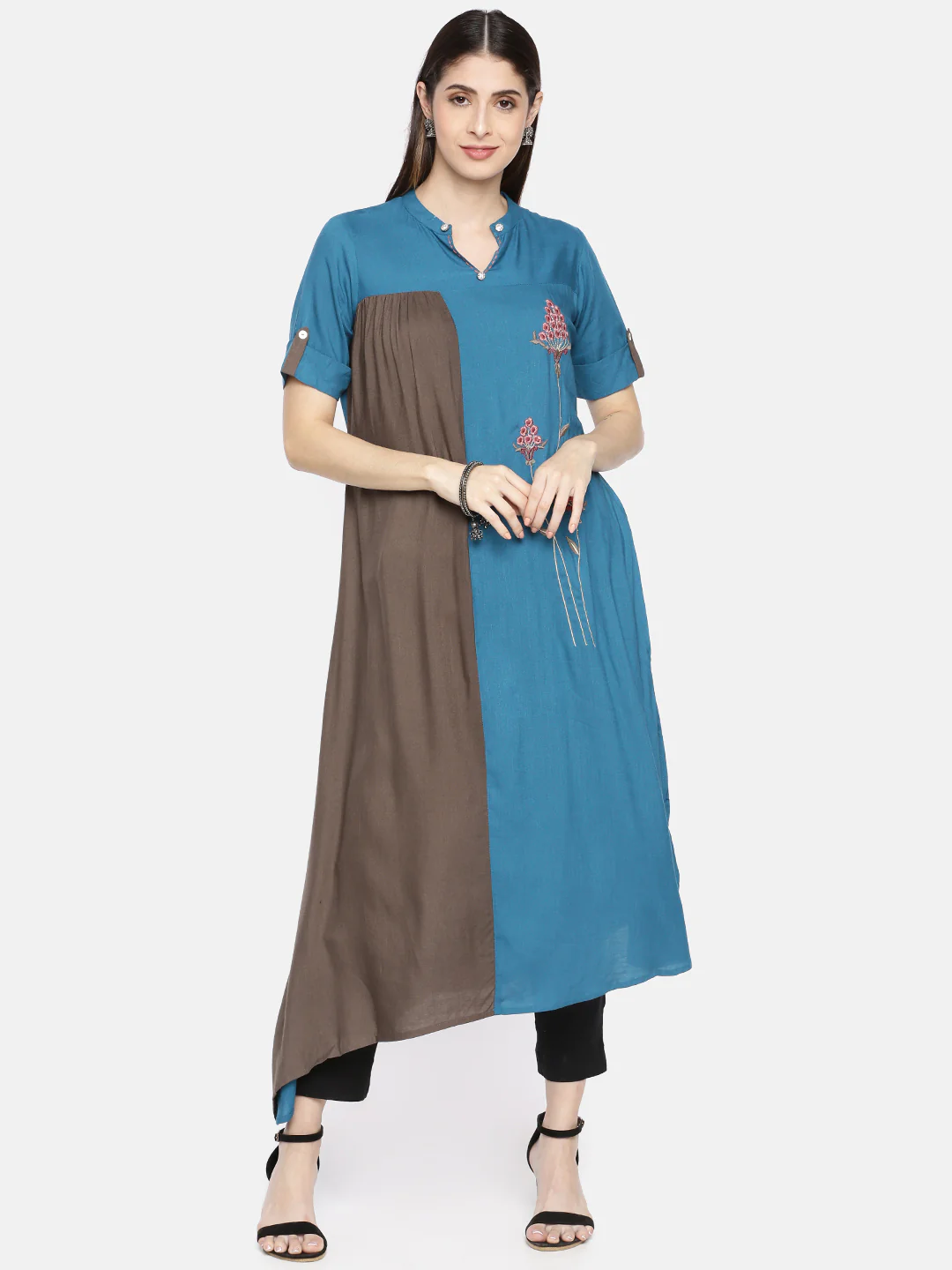 Neerus Blue Embroidered A Line Kurta