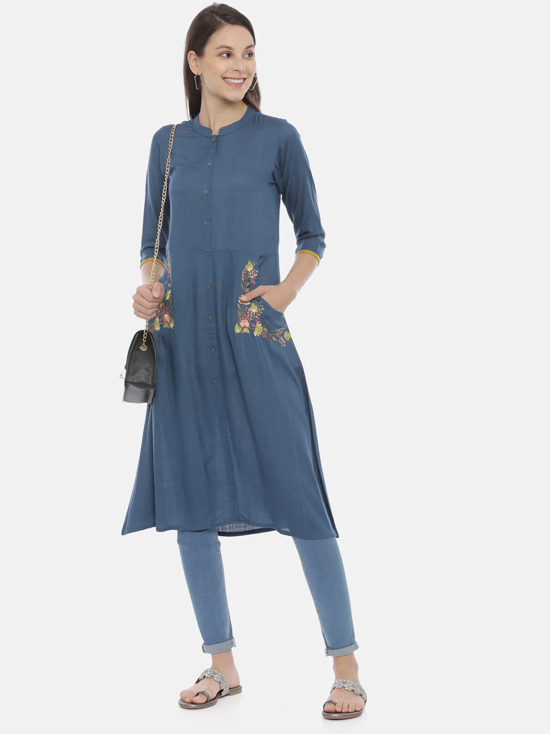 Neerus Blue Embroidered A Line Kurta - Image 6