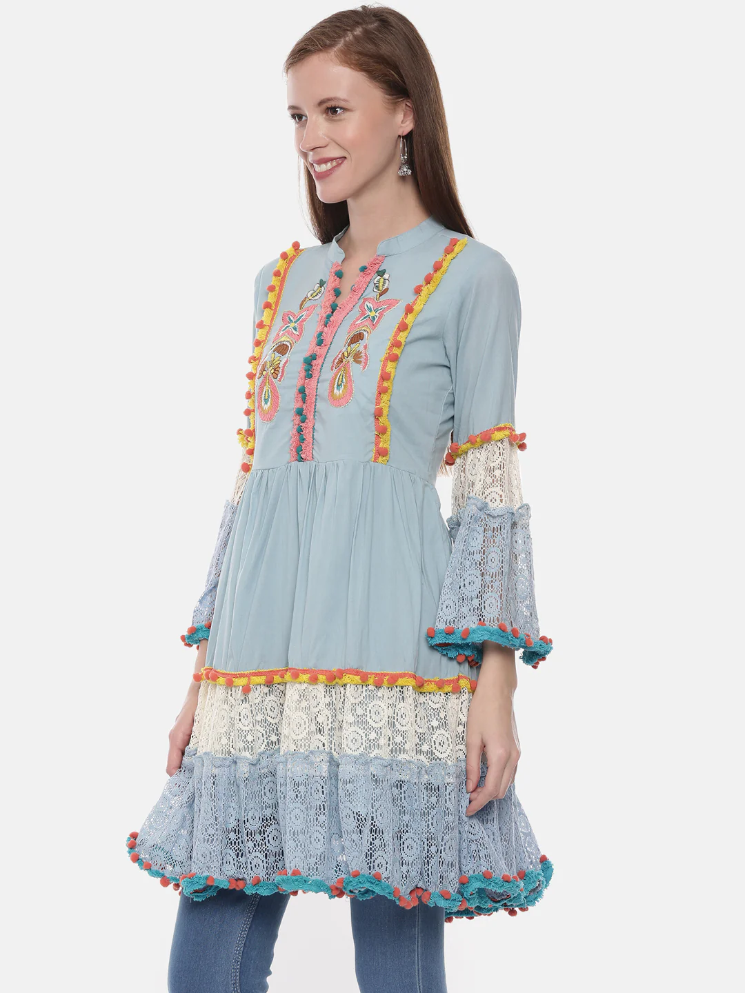 Neerus Blue Embroidered Fit & Flare Kurta - Image 3
