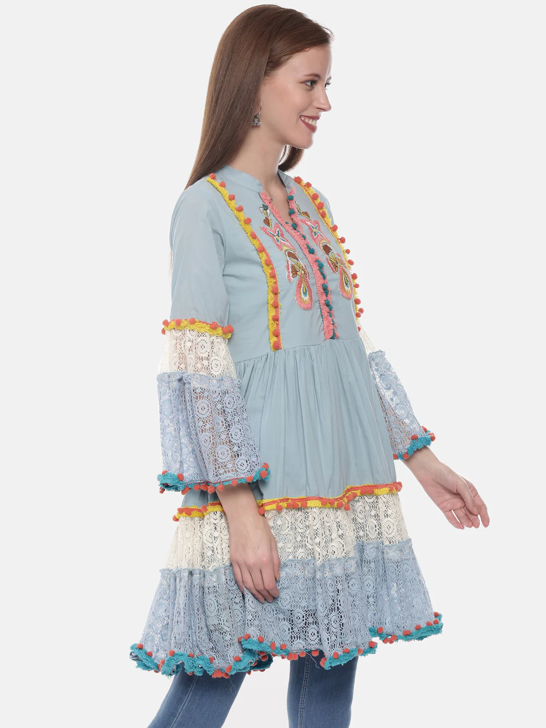 Neerus Blue Embroidered Fit & Flare Kurta - Image 4