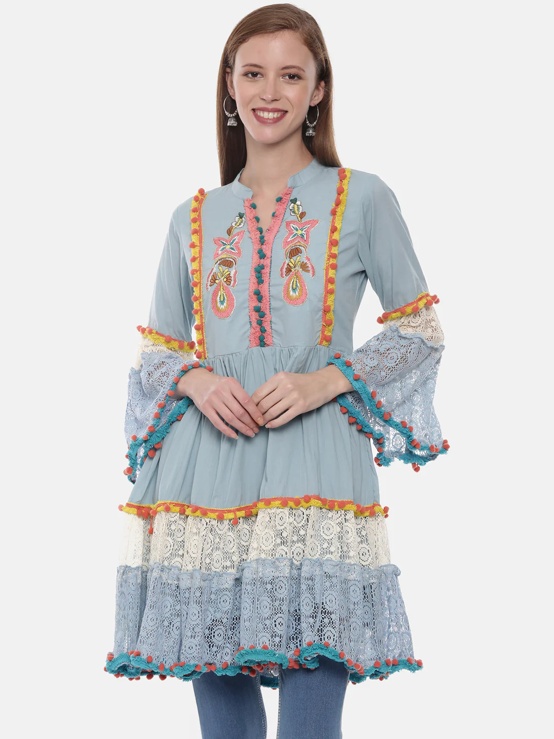 Neerus Blue Embroidered Fit & Flare Kurta - Image 6
