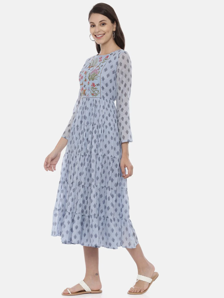 Neerus Blue Embroidered Fit & Flare Kurta - Image 3