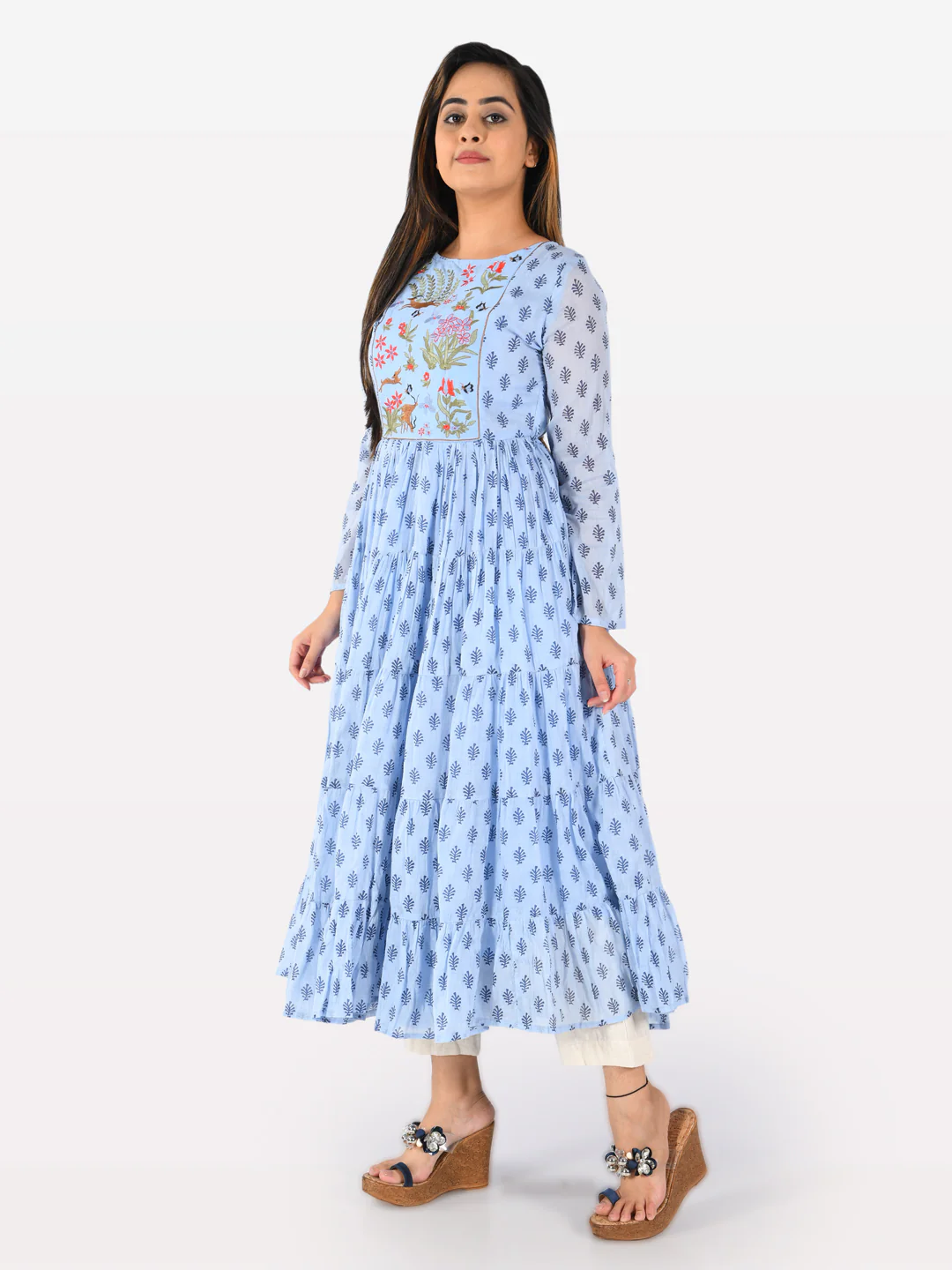 Neerus Blue Embroidered Fit & Flare Kurta - Image 7