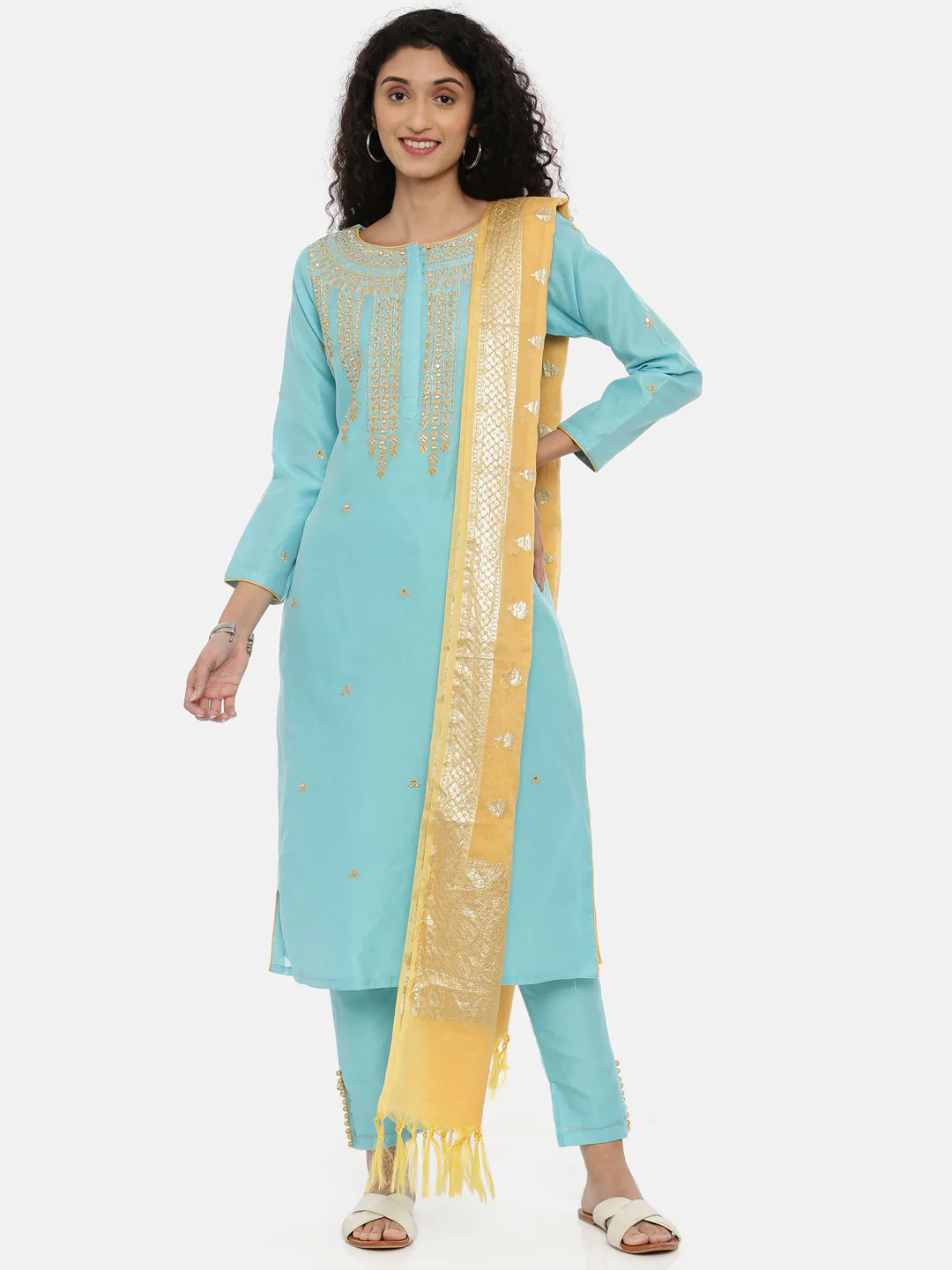 Neerus Blue Embroidered Kurta With Pant & Dupatta