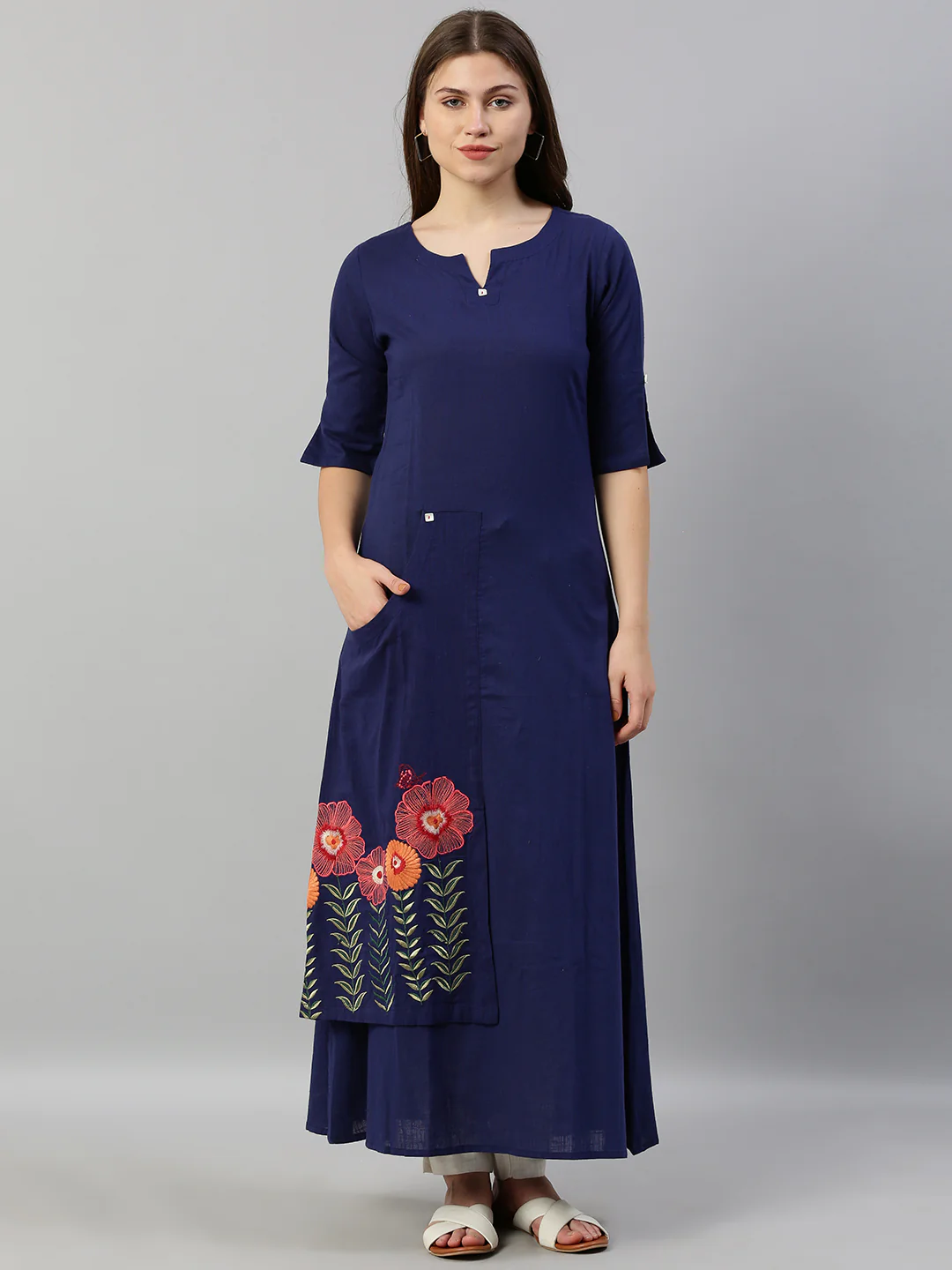 Neerus Blue Embroidered Straight Kurta