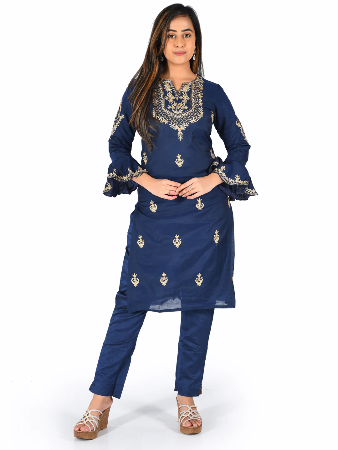 Neerus Blue Embroidered Straight Kurta - Image 5