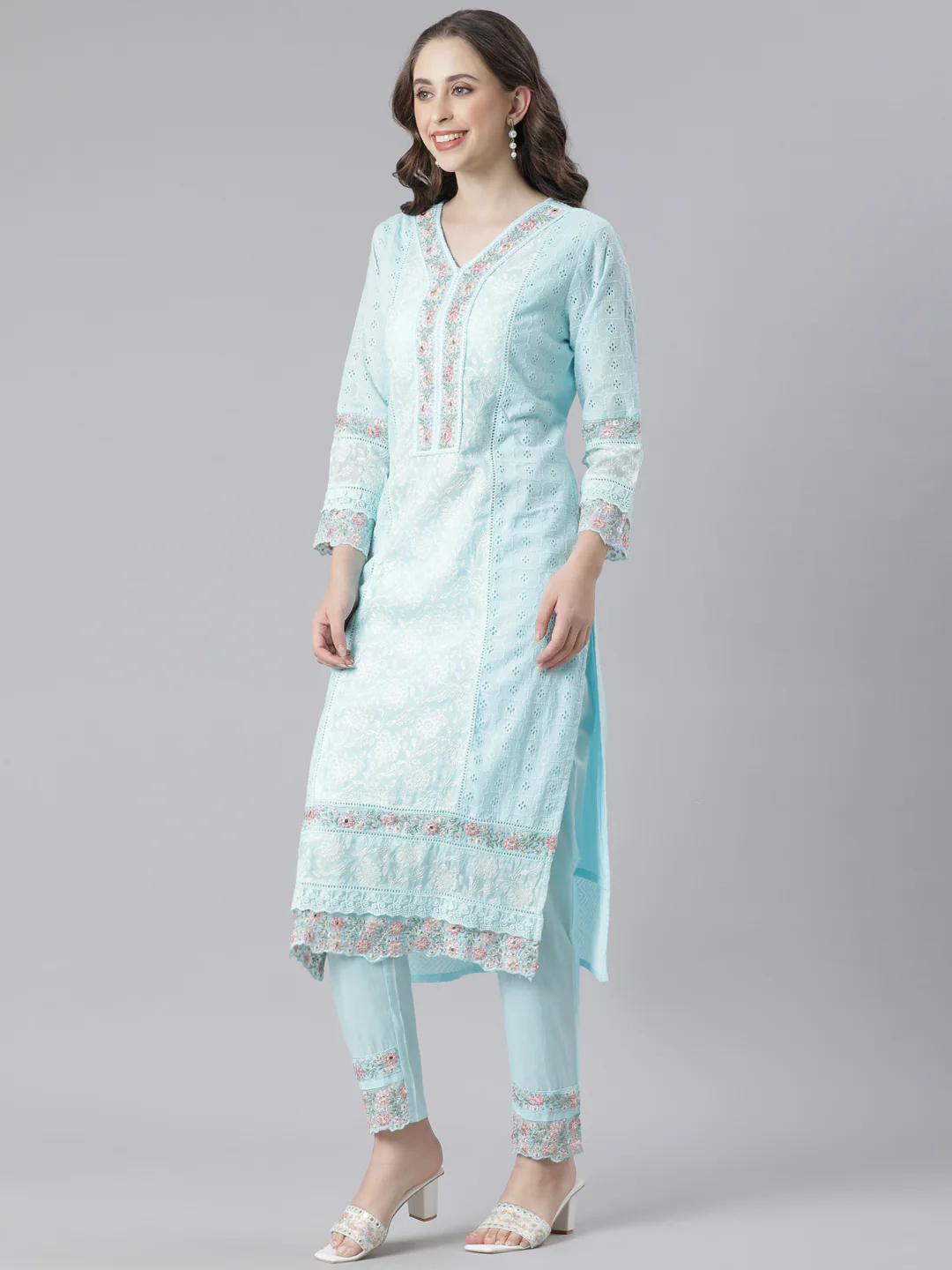 Neerus Blue Embroidered Straight Kurta and Trousers With Dupatta - Image 2