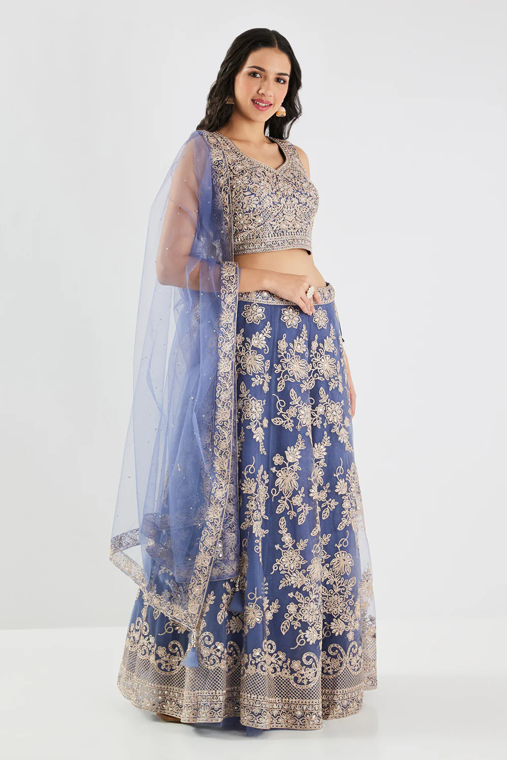 Neerus Blue Embroidery Work Net Fabric Ghagra Set - Image 2