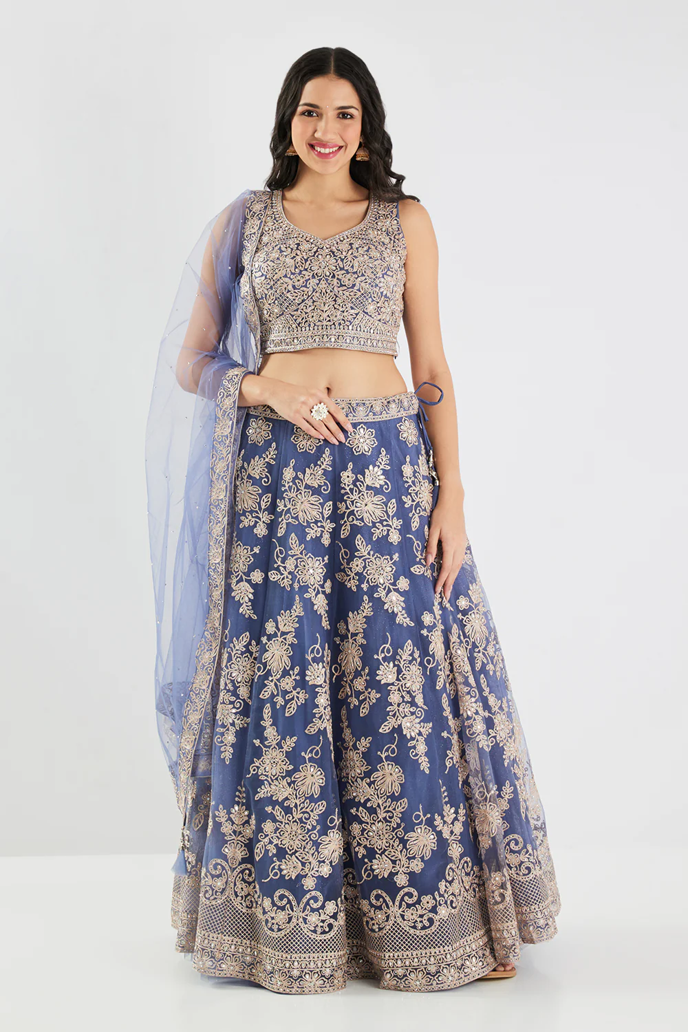 Neerus Blue Embroidery Work Net Fabric Ghagra Set - Image 6