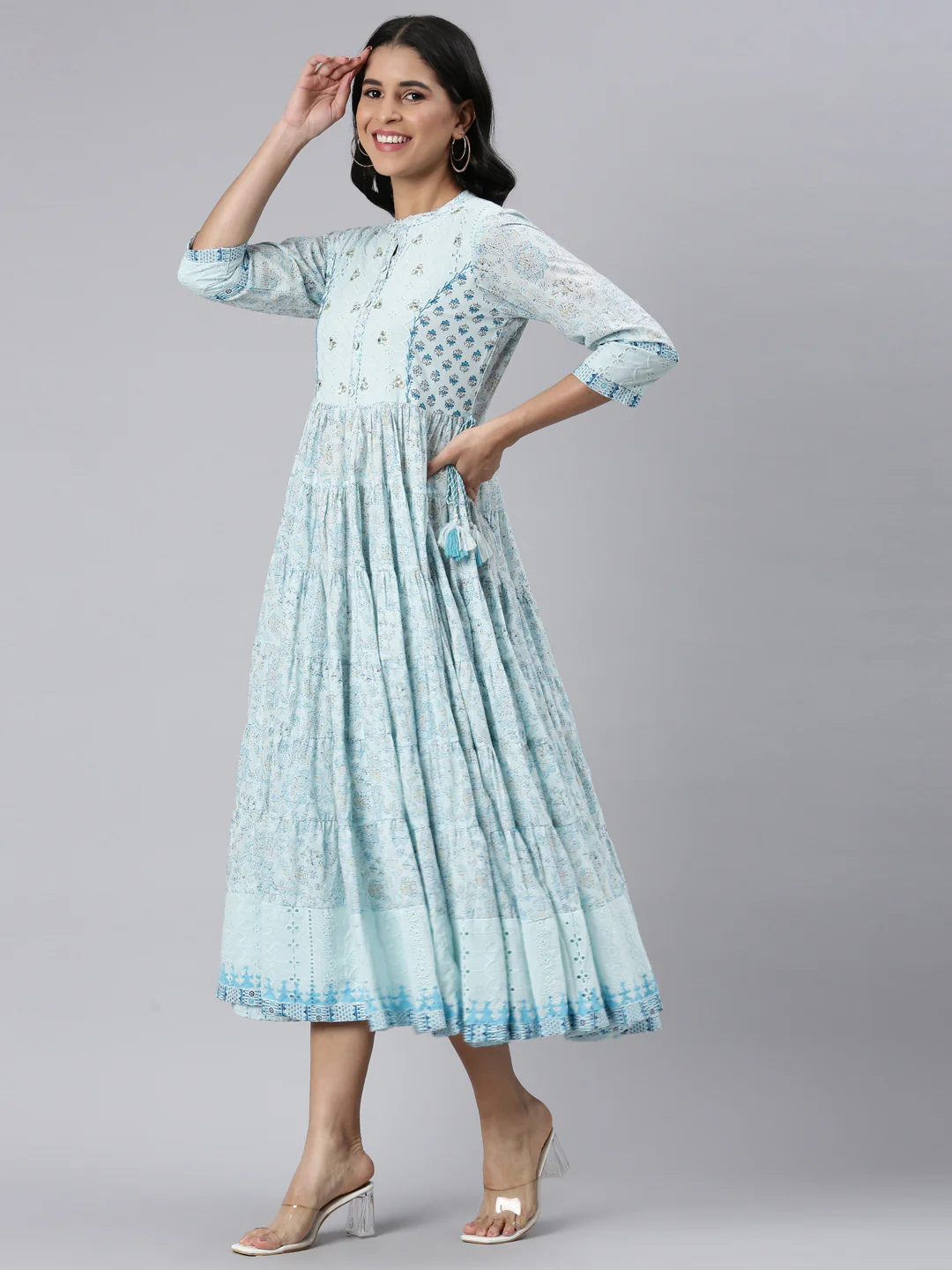 Neerus Blue Flared Casual Floral Fit and Flare Dresses - Image 2