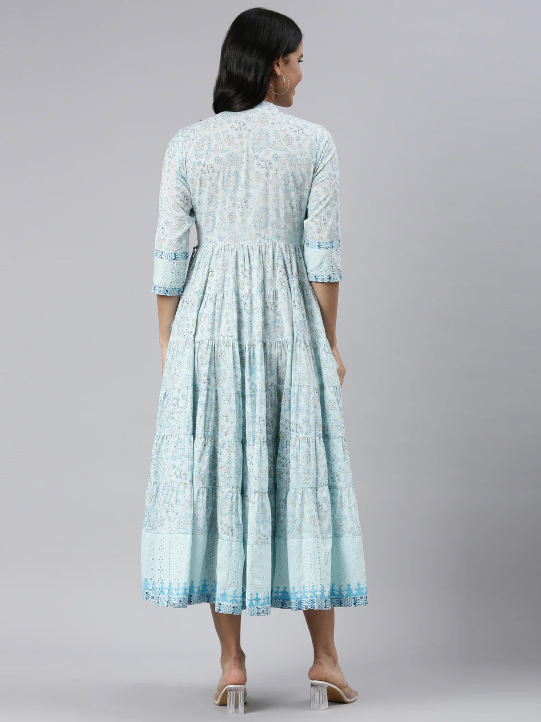 Neerus Blue Flared Casual Floral Fit and Flare Dresses - Image 3